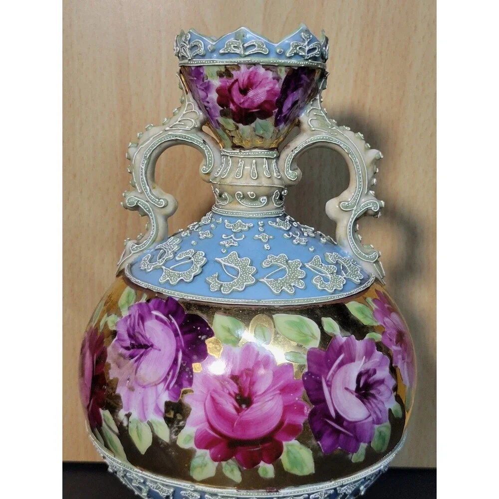 Antique Nippon Moriage Early Hand Painted Twisted Handle Floral Vase
